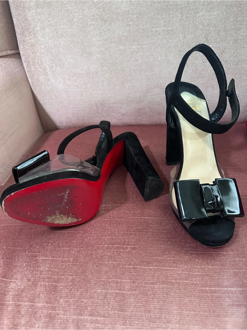 Christian Louboutin Black Patent Bow Block-Heel Sandals with Suede and PVC Vamp